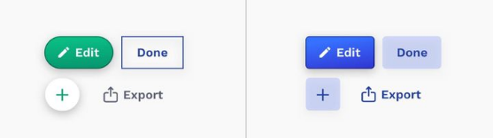 Слева - две разные кнопки, различные формы и цвета. Справа - подобные кнопки, которые выглядят сбалансированно.